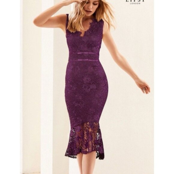 Lipsy Midi Dress 6 Us Eu 38 UK 10 Purple Stretch Hourglass Fit Sleeveless Lace - Picture 1 of 11
